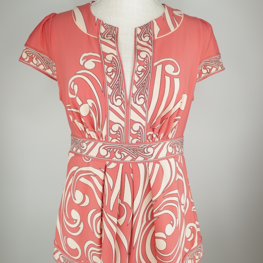 BCBG Maxazria Pink/Cream Scroll Cap-Sleeve V-Neck Jersey Top Blouse Size Small